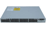 View of  Cisco Catalyst 9200 48-Port Ethernet switch in a gray casing, with ports for LAN and WAN connection visible on the front panel.