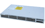 View of Cisco Catalyst 9200L 48-Port Ethernet PoE+ Switch in a gray chassis, with 48 Ethernet ports