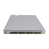 Front view of a Juniper Networks QFX5200-32C-AFO network switch, featuring multiple ports and a fan grill.