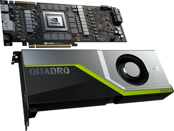 NVIDIA Quadro graphics card with close-up of NVIDIA logo on a white background