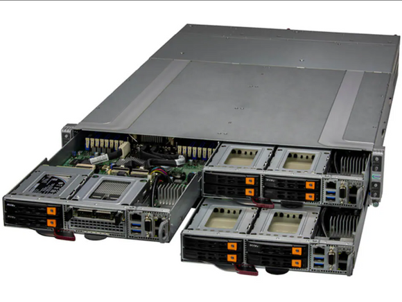 View of Supermicro AS-2115GT-HNTF GrandTwin 2U Server Each node with AMD EPYC 9474F, Dual 25GbE